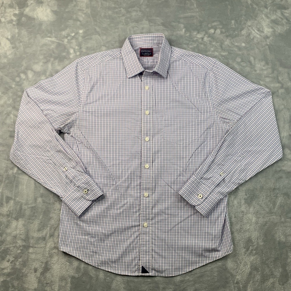 Untuckit Shirt Men's Medium Blue Pink‎ Plaid Performance Nylon Flex Stretch
